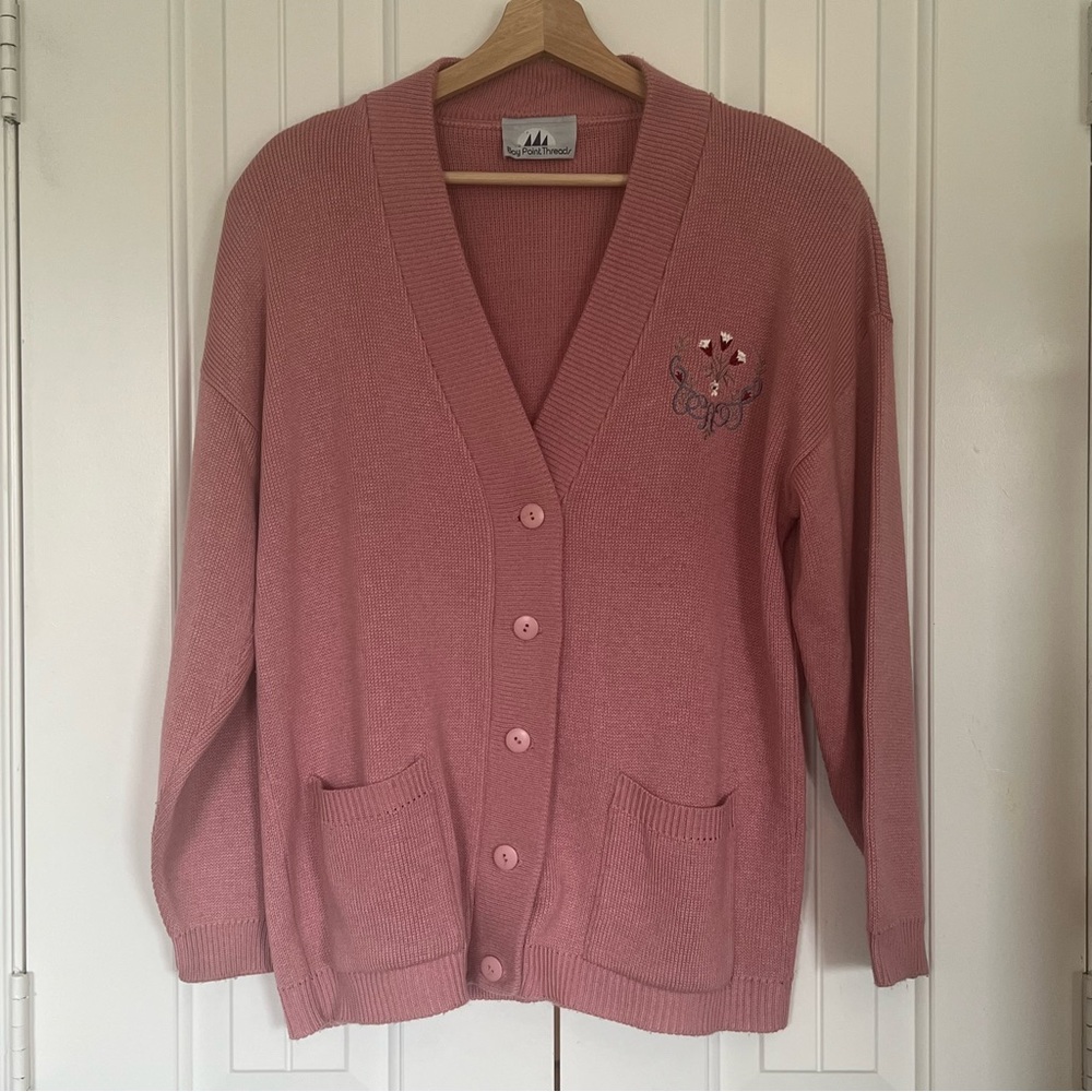 Cardigan sweater pink grannycore Bay Point Threads Floral Embroidery